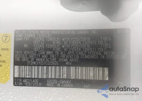 2007 Lexus Rx 350 из США, поврежденный, VIN 2T2HK31U57C022605